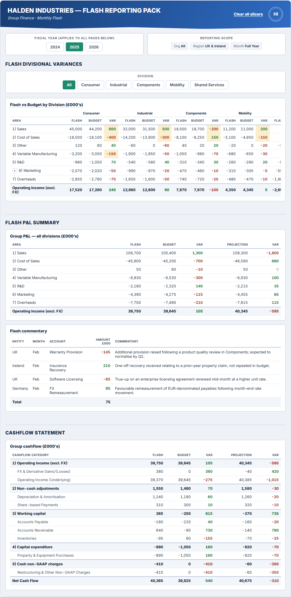 Halden Industries flash reporting pack preview
